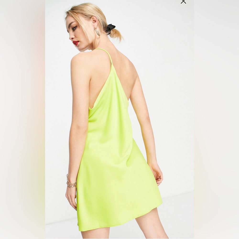 Lime green satin mini one shoulder dress. 💚 - Picture 3 of 6